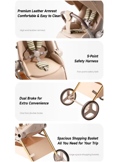 6–36 Month Baby Stroller, Foldable Pushchair with Full Canopy Cover, Reversible Handle, Safety Harness &amp; Storage Basket Y-S910-C - Coffee