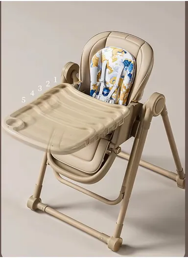 6 Months+ Adjustable Baby High Chair with Recline, Folding Function, PU Leather Seat, 7-Level Height Adjustment &amp; Double Tray TF-HC700-C (L51 × W77 × H106)cm – Grey