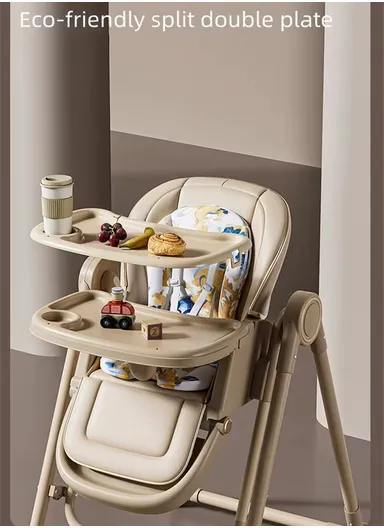6 Months+ Adjustable Baby High Chair with Recline, Folding Function, PU Leather Seat, 7-Level Height Adjustment &amp; Double Tray TF-HC700-C (L51 × W77 × H106)cm – Grey