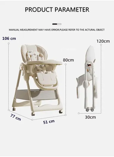 6 Months+ Adjustable Baby High Chair with Recline, Folding Function, Cotton Cushion Seat, 6-Level Height Adjustment &amp; Double Tray (L51 × W77 × H106)cm – Blue