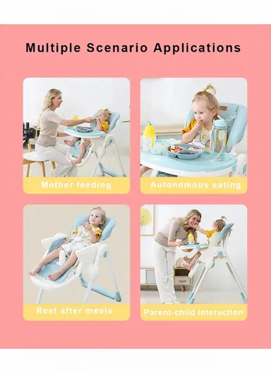 6 Months+ Adjustable Baby High Chair with Recline, Folding Function, Cotton Cushion Seat, 6-Level Height Adjustment &amp; Double Tray (L51 × W77 × H106)cm – Blue