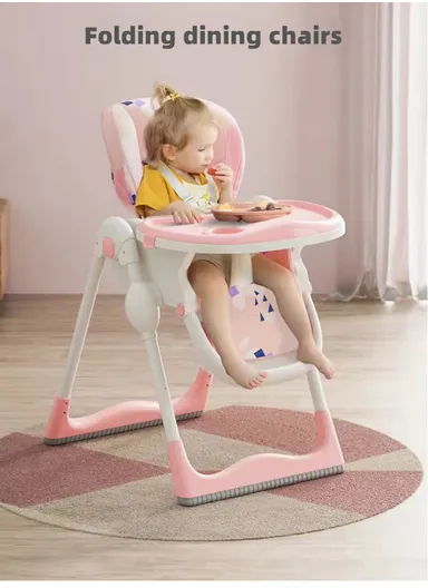 6 Months+ Adjustable Baby High Chair with Recline, Folding Function, Cotton Cushion Seat, 6-Level Height Adjustment &amp; Double Tray (L51 × W77 × H106)cm – Blue