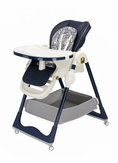 6 Months+ Adjustable Baby High Chair with Recline, Folding Function, Cotton Cushion Seat, 6-Level Height Adjustment &amp; Double Tray (L51 × W77 × H106)cm – Blue