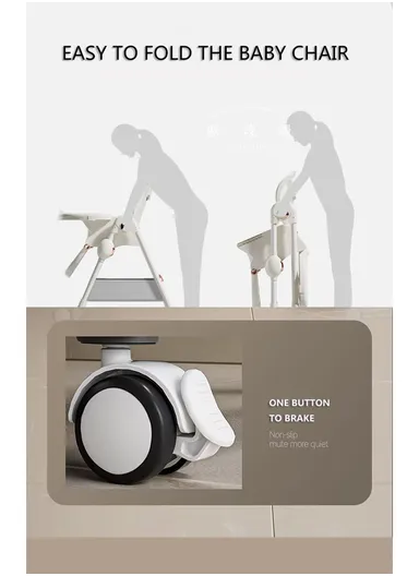 6 Months+ Adjustable Baby High Chair with Recline, Folding Function, Cotton Cushion Seat, 6-Level Height Adjustment &amp; Double Tray (L51 × W77 × H106)cm – Grey