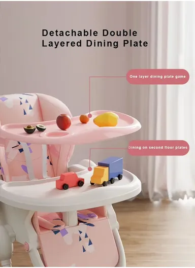 6 Months+ Adjustable Baby High Chair with Recline, Folding Function, Cotton Cushion Seat, 6-Level Height Adjustment &amp; Double Tray (L51 × W77 × H106)cm – Coffee
