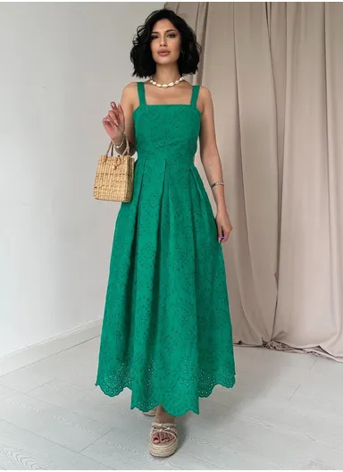 Green Strappy Lined Cutwork Long Dress 8054