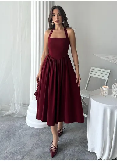 Burgundy Halter Neck Linen Dress 8828