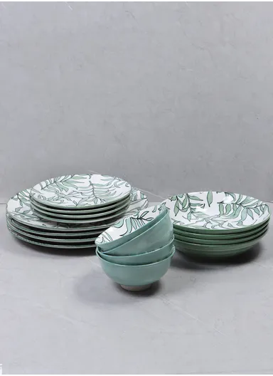 24 Pcs Reactive Glaze Dishes Set Chip Resistant &amp; Scratch Resistant Dinnerware Service for 6 Durable Everyday Dining Set - White &amp; Green