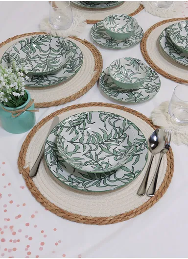 24 Pcs Reactive Glaze Dishes Set Chip Resistant &amp; Scratch Resistant Dinnerware Service for 6 Durable Everyday Dining Set - White &amp; Green