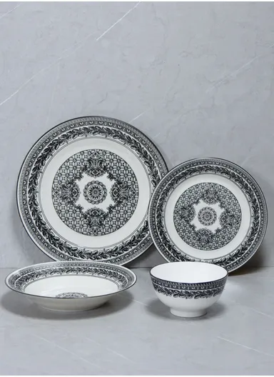 24 Pcs Reactive Glaze Dishes Set Chip Resistant &amp; Scratch Resistant Dinnerware Service for 6 Durable Everyday Dining Set - Black &amp; White