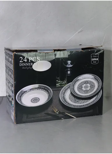 24 Pcs Reactive Glaze Dishes Set Chip Resistant &amp; Scratch Resistant Dinnerware Service for 6 Durable Everyday Dining Set - Black &amp; White