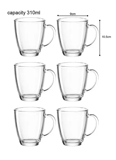 310ml 6 Pcs Glass Transparent Heatproof Cups With Handle For Tea &amp; Coffee BMZB29-3 (D9 x H10)cm