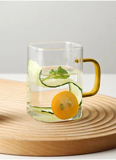 290ml Square Shape Glass Cup, Hot &amp; Cold Suitable Beverages (L6 x W6 x H8)cm - Yellow