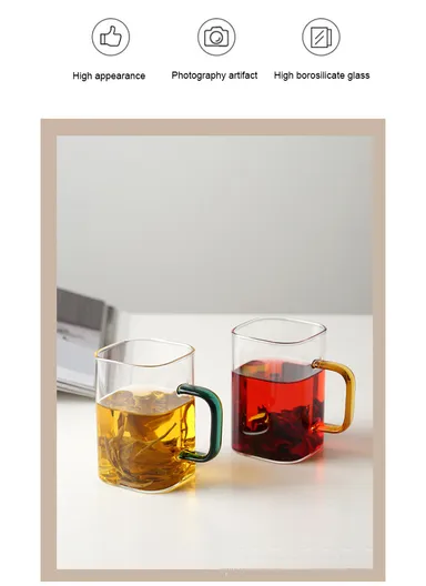 290ml Square Shape Glass Cup, Hot &amp; Cold Suitable Beverages (L6 x W6 x H8)cm - Blue