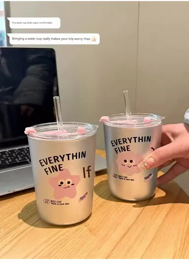 350ml Stainless Steel Tumbler with Straw. Anti-Spill Lid Stainless Steel Cup W001