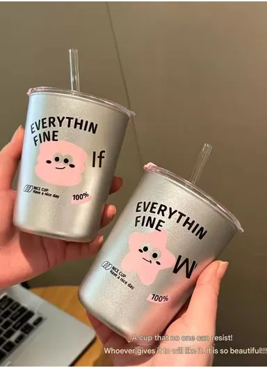 350ml Stainless Steel Tumbler with Straw. Anti-Spill Lid Stainless Steel Cup W001