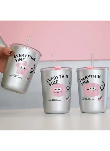 350ml Stainless Steel Tumbler with Straw. Anti-Spill Lid Stainless Steel Cup W001