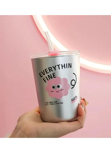 350ml Stainless Steel Tumbler with Straw. Anti-Spill Lid Stainless Steel Cup W001