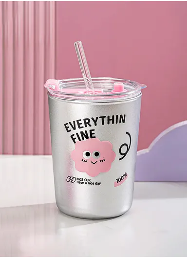 350ml Stainless Steel Tumbler with Straw. Anti-Spill Lid Stainless Steel Cup W001