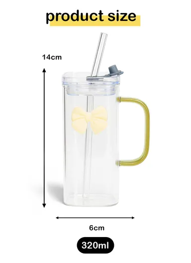 320ml Square Beverages Glass Mug with Lid &amp; Straw - Yellow