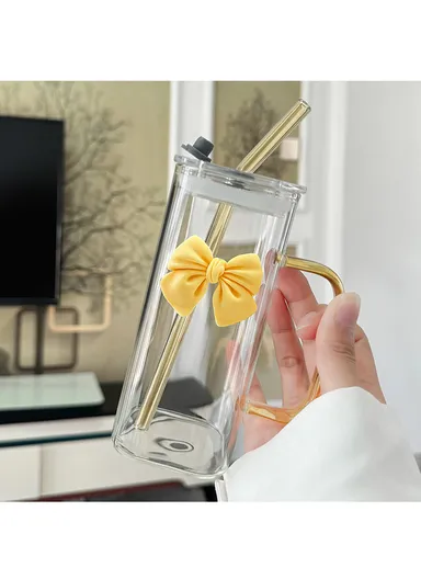 320ml Square Beverages Glass Mug with Lid &amp; Straw - Yellow