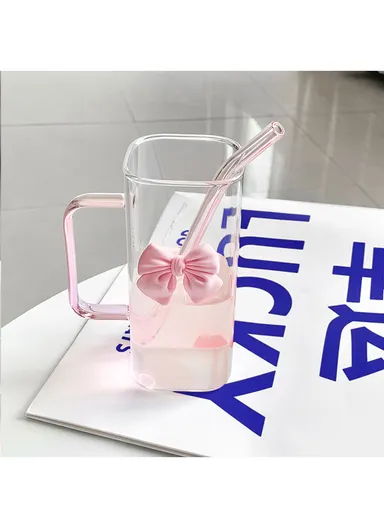 320ml Square Beverages Glass Mug with Lid &amp; Straw - Yellow