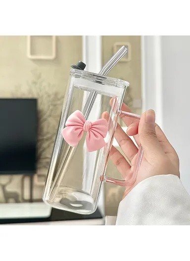 320ml Square Beverages Glass Mug with Lid &amp; Straw - Yellow