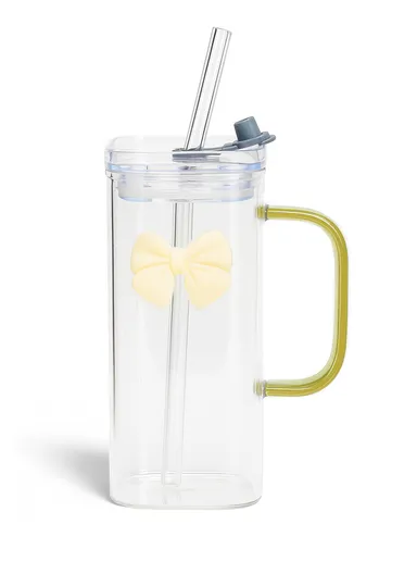 320ml Square Beverages Glass Mug with Lid &amp; Straw - Yellow
