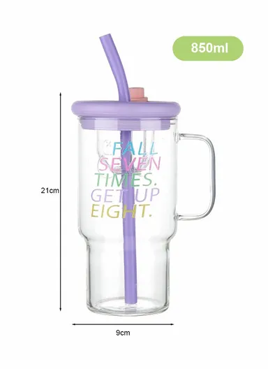850ml Glass Water Bottle Tumbler with Silicone Lid, Filter &amp; Straw - Purple