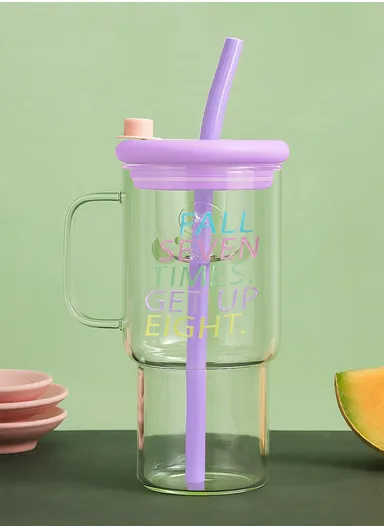 850ml Glass Water Bottle Tumbler with Silicone Lid, Filter &amp; Straw - Purple