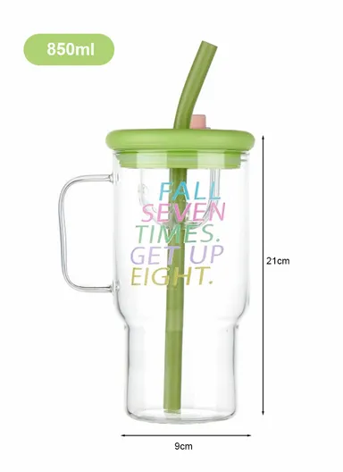 850ml Glass Water Bottle Tumbler with Silicone Lid, Filter &amp; Straw - Green