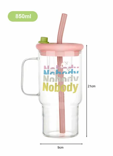 2000ml Glass Water Bottle Tumbler with Silicone Lid, Filter &amp; Straw - Pink