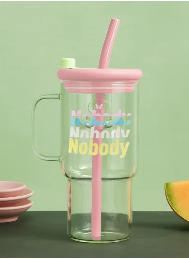 2000ml Glass Water Bottle Tumbler with Silicone Lid, Filter &amp; Straw - Pink