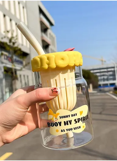 600ml Glass Water Bottle Tumbler with Silicone Lid, Filter &amp; Straw FBW-1LJ (D9 x H13.5)cm - Yellow