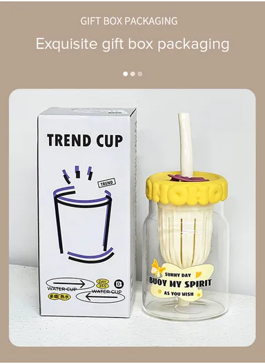 600ml Glass Water Bottle Tumbler with Silicone Lid, Filter &amp; Straw FBW-1LJ (D9 x H13.5)cm - Yellow