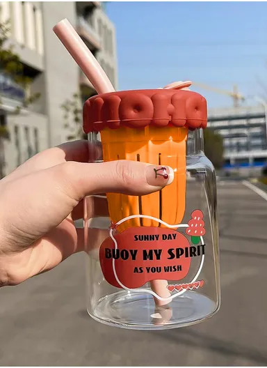 600ml Glass Water Bottle Tumbler with Silicone Lid, Filter &amp; Straw FBW-1LJ (D9 x H13.5)cm - Red