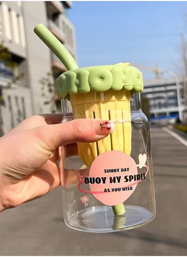 600ml Glass Water Bottle Tumbler with Silicone Lid, Filter &amp; Straw FBW-1LJ (D9 x H13.5)cm - Green