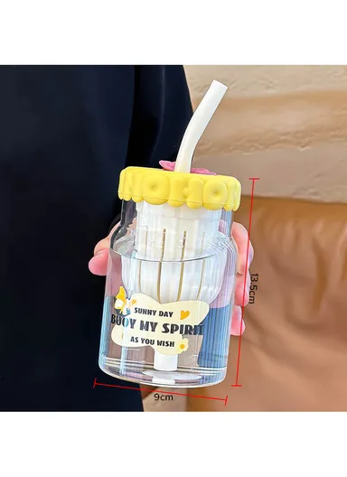 600ml Glass Water Bottle Tumbler with Silicone Lid, Filter &amp; Straw FBW-1LJ (D9 x H13.5)cm - Green