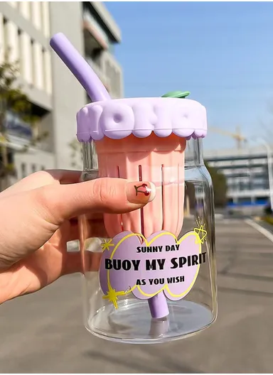 600ml Glass Water Bottle Tumbler with Silicone Lid, Filter &amp; Straw FBW-1LJ (D9 x H13.5)cm - Purple