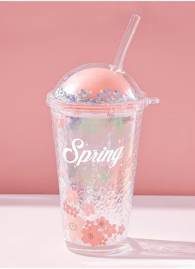 350ml Hot &amp; Cold Glass Cup Tumbler with Lid &amp; Straw - Pink
