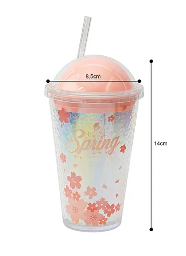 350ml Hot &amp; Cold Glass Cup Tumbler with Lid &amp; Straw - Pink