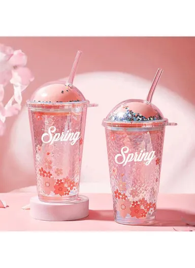 350ml Hot &amp; Cold Glass Cup Tumbler with Lid &amp; Straw - Pink