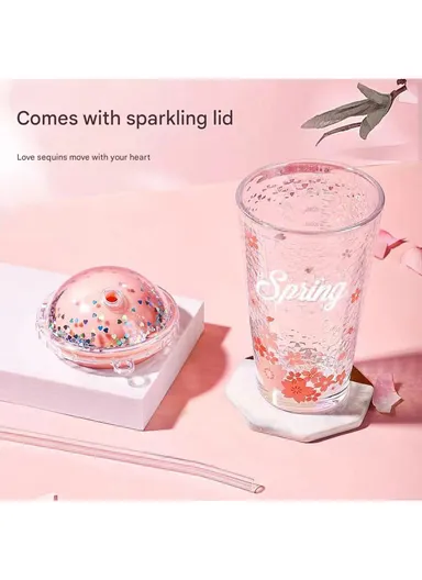 350ml Hot &amp; Cold Glass Cup Tumbler with Lid &amp; Straw - Pink