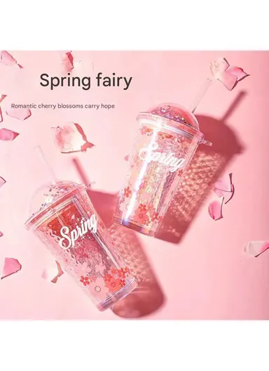 350ml Hot &amp; Cold Glass Cup Tumbler with Lid &amp; Straw - Pink