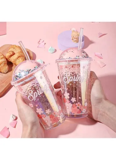 350ml Hot &amp; Cold Glass Cup Tumbler with Lid &amp; Straw - Pink