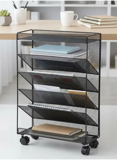 5-Tier Vertical Rolling Bookshelf with Wheels, Slanted Display Cart &amp; File Tray Organizer DG-9918 - Black