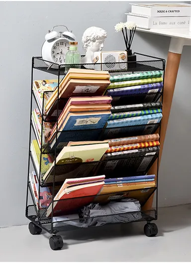 5-Tier Vertical Rolling Bookshelf with Wheels, Slanted Display Cart &amp; File Tray Organizer DG-9920 - Black / Double-Sided