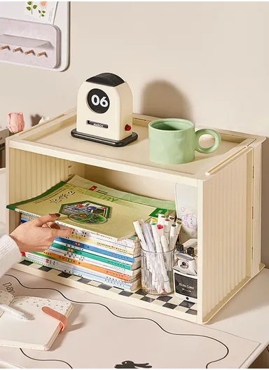 Portable Folding Plastic Bookcase, Stackable Storage Shelf, Quick Assembly Organizer with Wheels GX-2611 - Cream