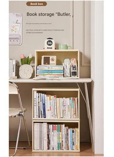 Portable Folding Plastic Bookcase, Stackable Storage Shelf, Quick Assembly Organizer with Wheels GX-2611 - Cream