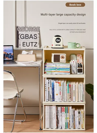 Portable Folding Plastic Bookcase, Stackable Storage Shelf, Quick Assembly Organizer with Wheels GX-2611 - Cream